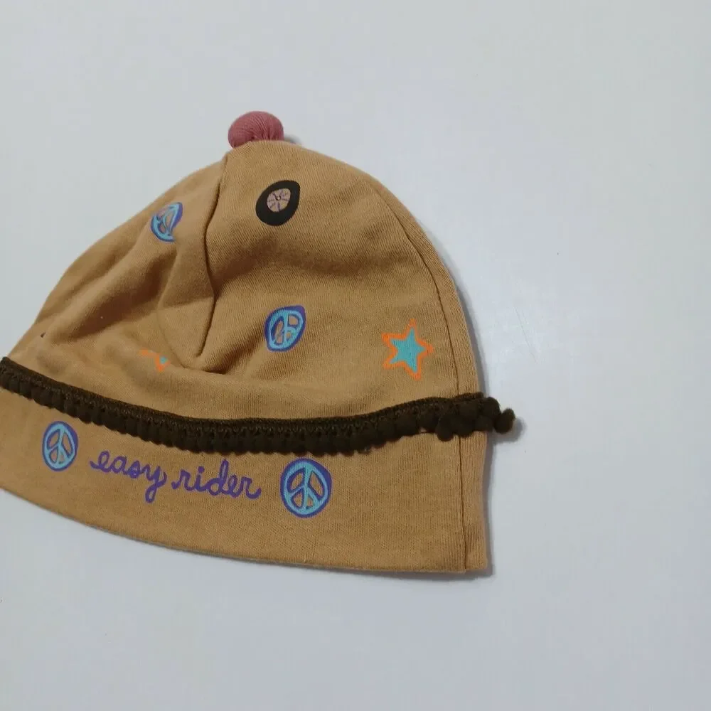 Natural Life Easy Rider Baby Girls Peace Star‎ 100% Cotton Brown Pink Beanie Hat